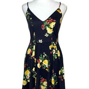 My Michelle Floral Fit & Flare Dress Womens S Navy Blue Mini V-Neck